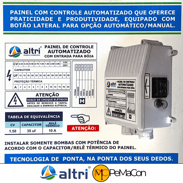 Altri Painel Para Bomba de Poço Com Entrada Para Boia 3 fios 1.50cv Mono 220v 35uf 10A
