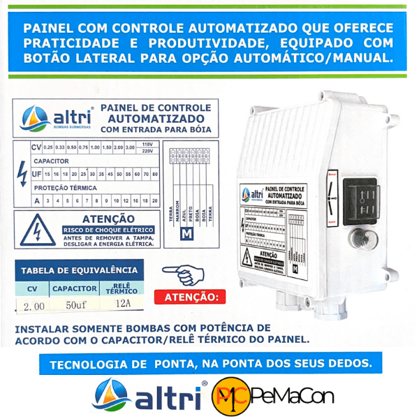 Altri Painel Box Para Bomba de Poço Com Entrada Para Boia 3 fios 2.00cv Mono 220v 50uf 12A