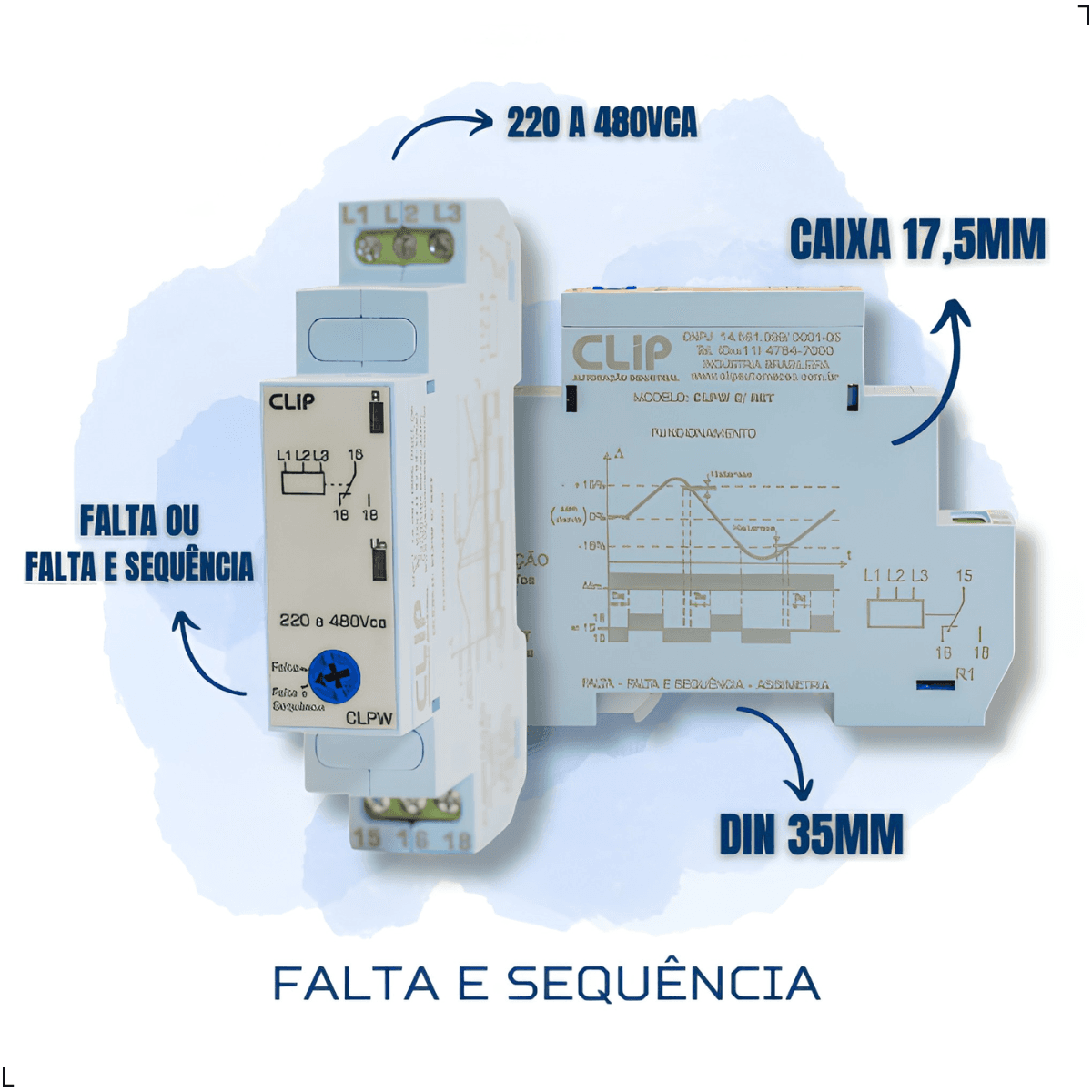 Monitor de Tensão Trifásico Clip CLPW, Falta, Sequência e Assimetria de Fase, 220–480Vca, Sem Retardo