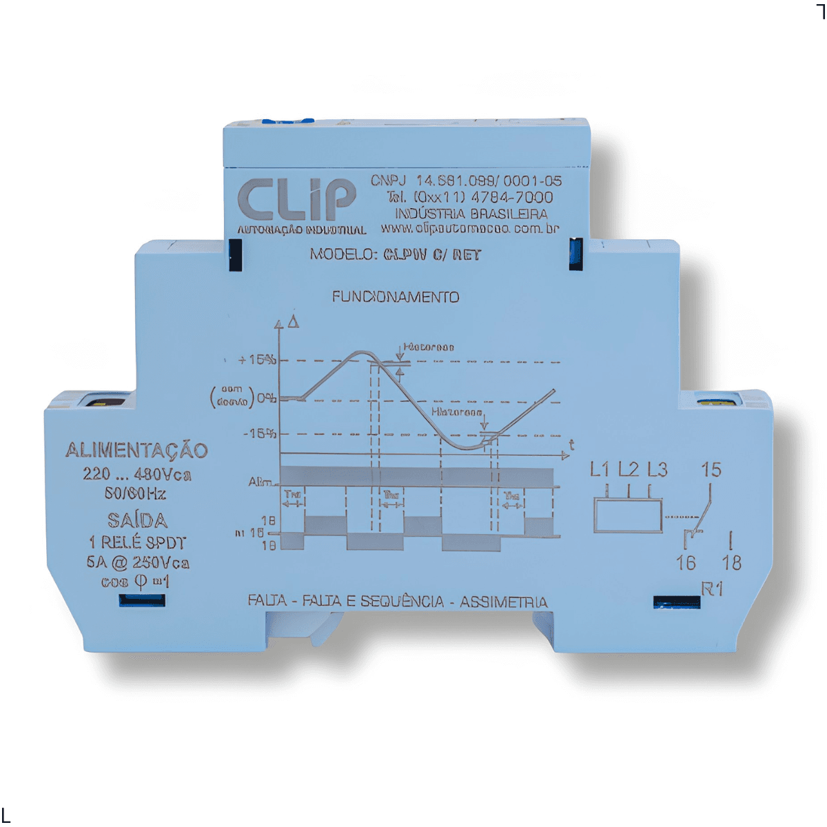 Monitor de Tensão Trifásico Clip CLPW, Falta, Sequência e Assimetria de Fase, 220–480Vca, Sem Retardo