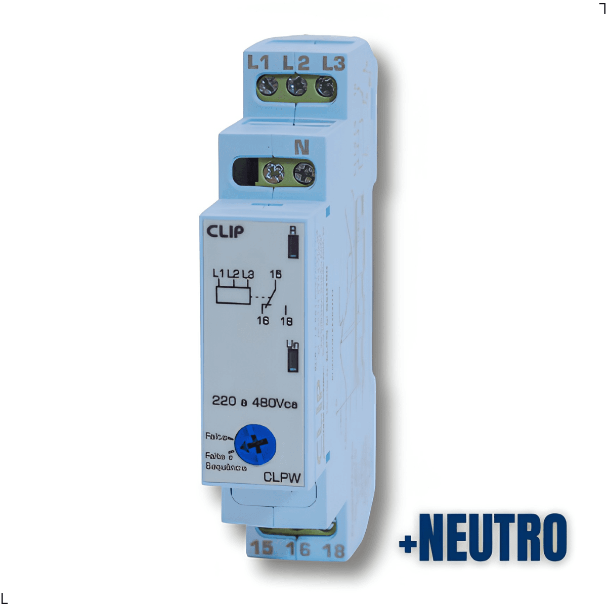 Monitor de Tensão Trifásico Clip CLPW, Falta, Sequência e Assimetria de Fase, 220–480Vca, Sem Retardo