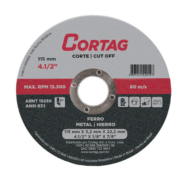 Disco De Corte Ferro 115mm – 4.1/2″ X 1/8″ X 7/8″ – (115mm x 22,2mm x 3,2mm) IMP Cortag